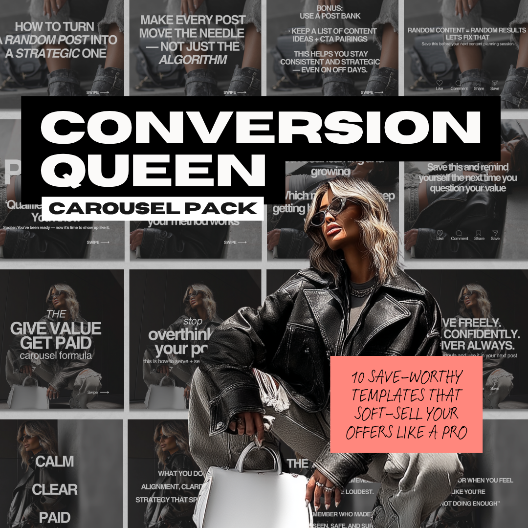 Conversion Queen Carousel Pack (94 Images + Bonuses) – Canva Carousel Templates, Matching Mockups & Resell Rights